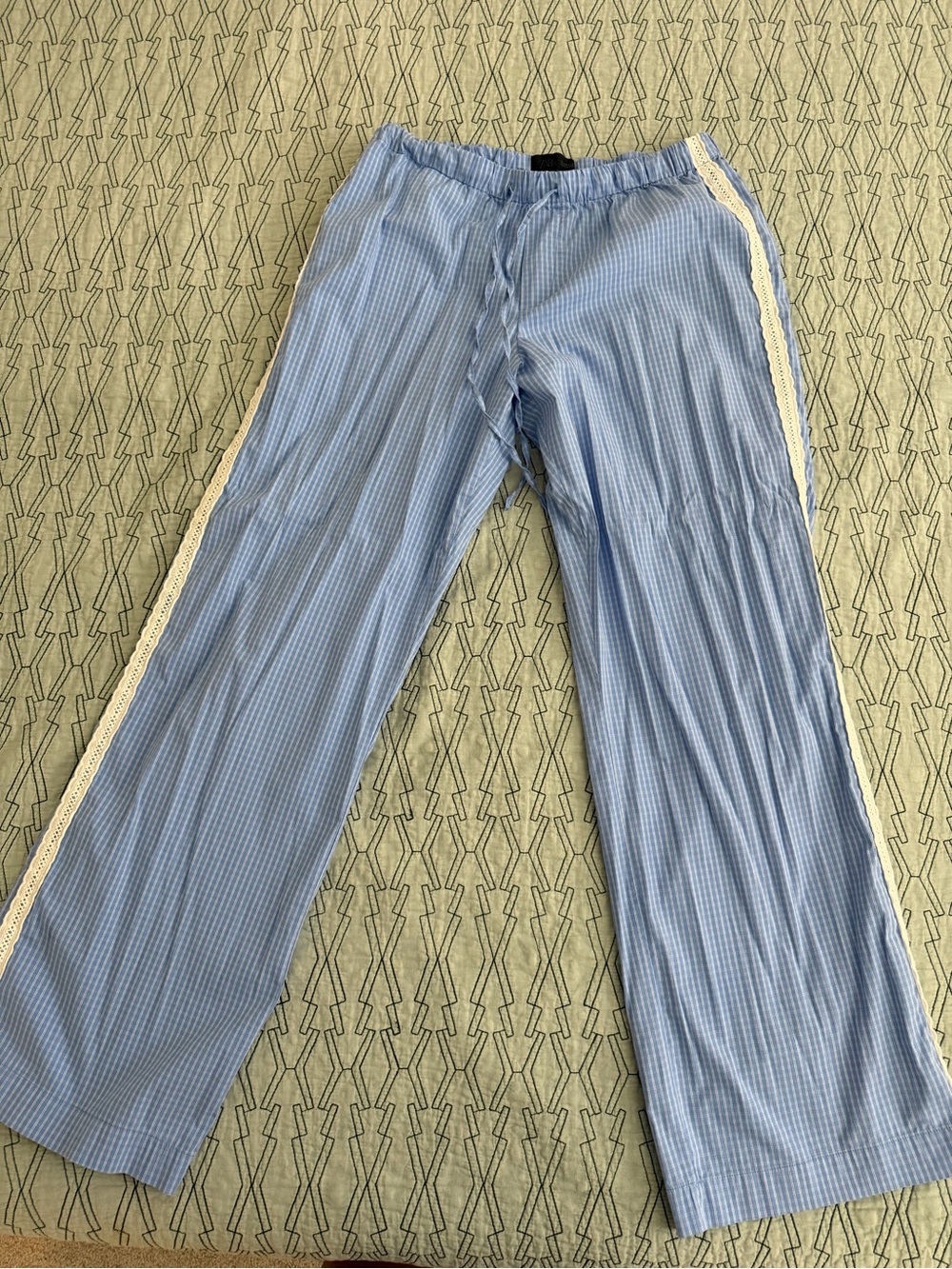 Zara Light Blue Pinstripe Lounge Pants with Cream Side Trim